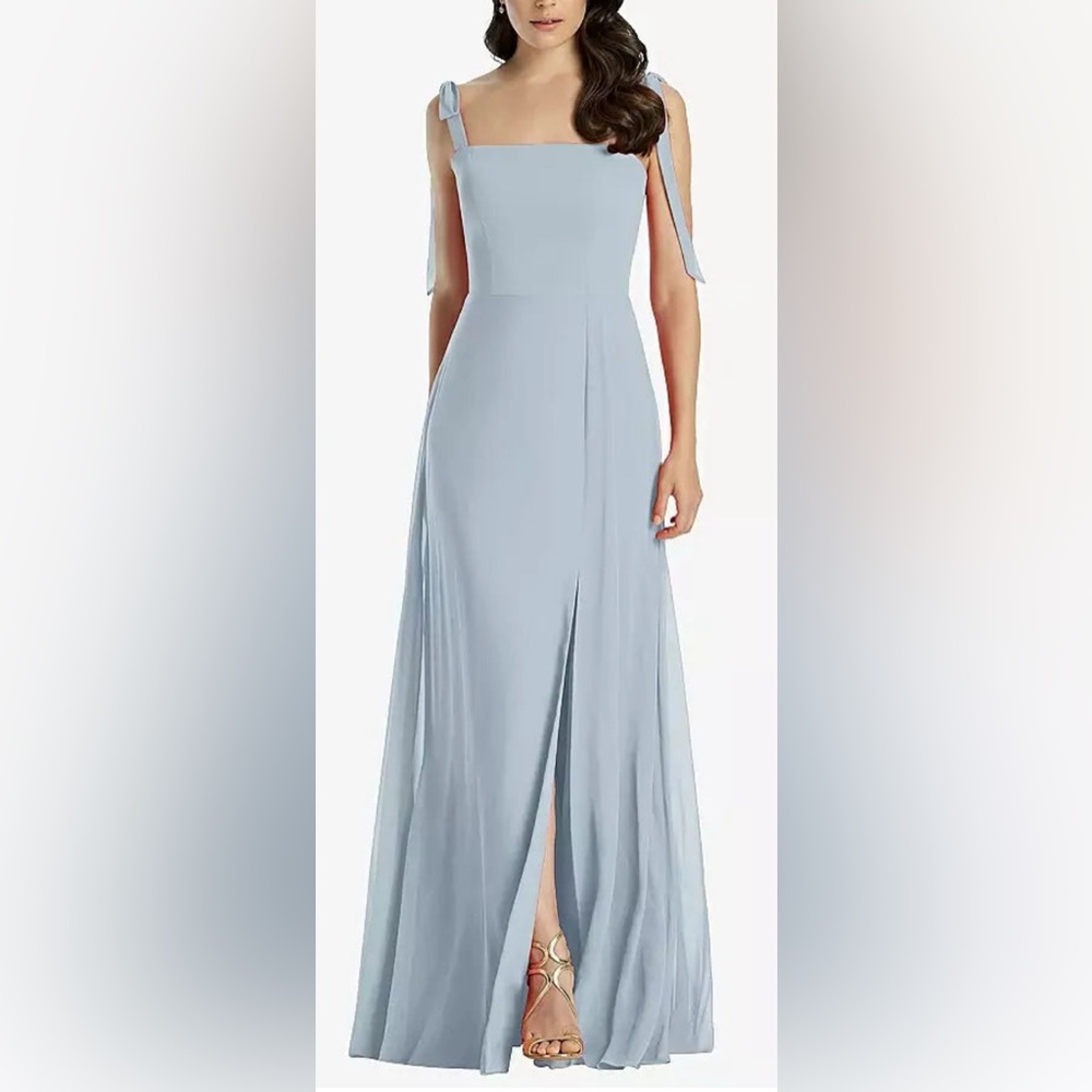 NWT Dessy Collection Tie Shoulder Chiffon Maxi Dress w Front Slit in Mist - Sz 0